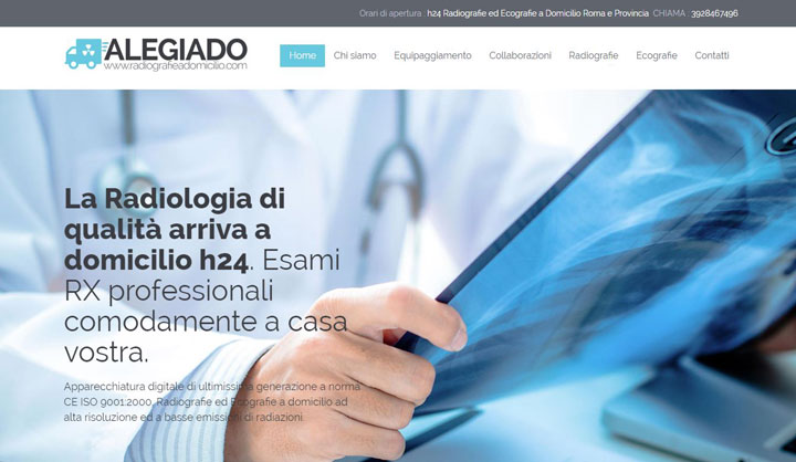 Schermata del sito web di ALEGIADO Radiografie a domicilio sviluppato da Local Booster Fotografo Google Roma - Foto 360 Gradi